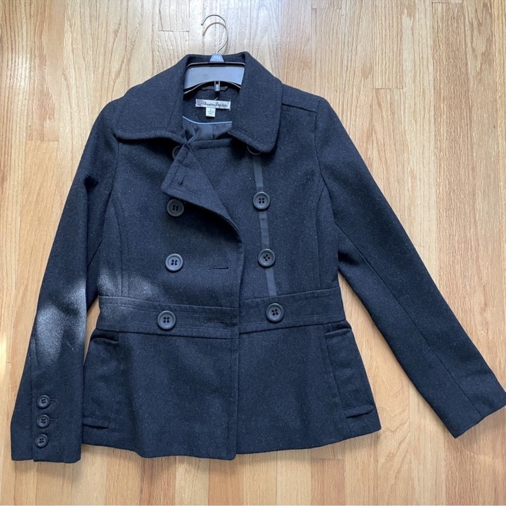 American Rag Women's Black Double Breasted Peacoat Removable Hood Wool Large